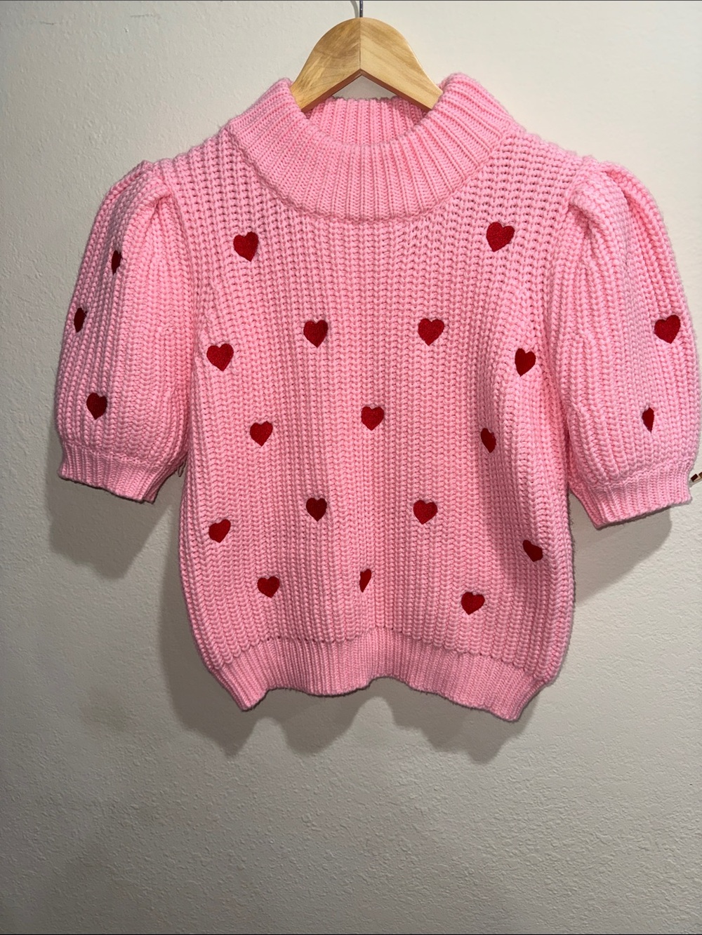 English Factory Pink Puff-Sleeve Heart Sweater